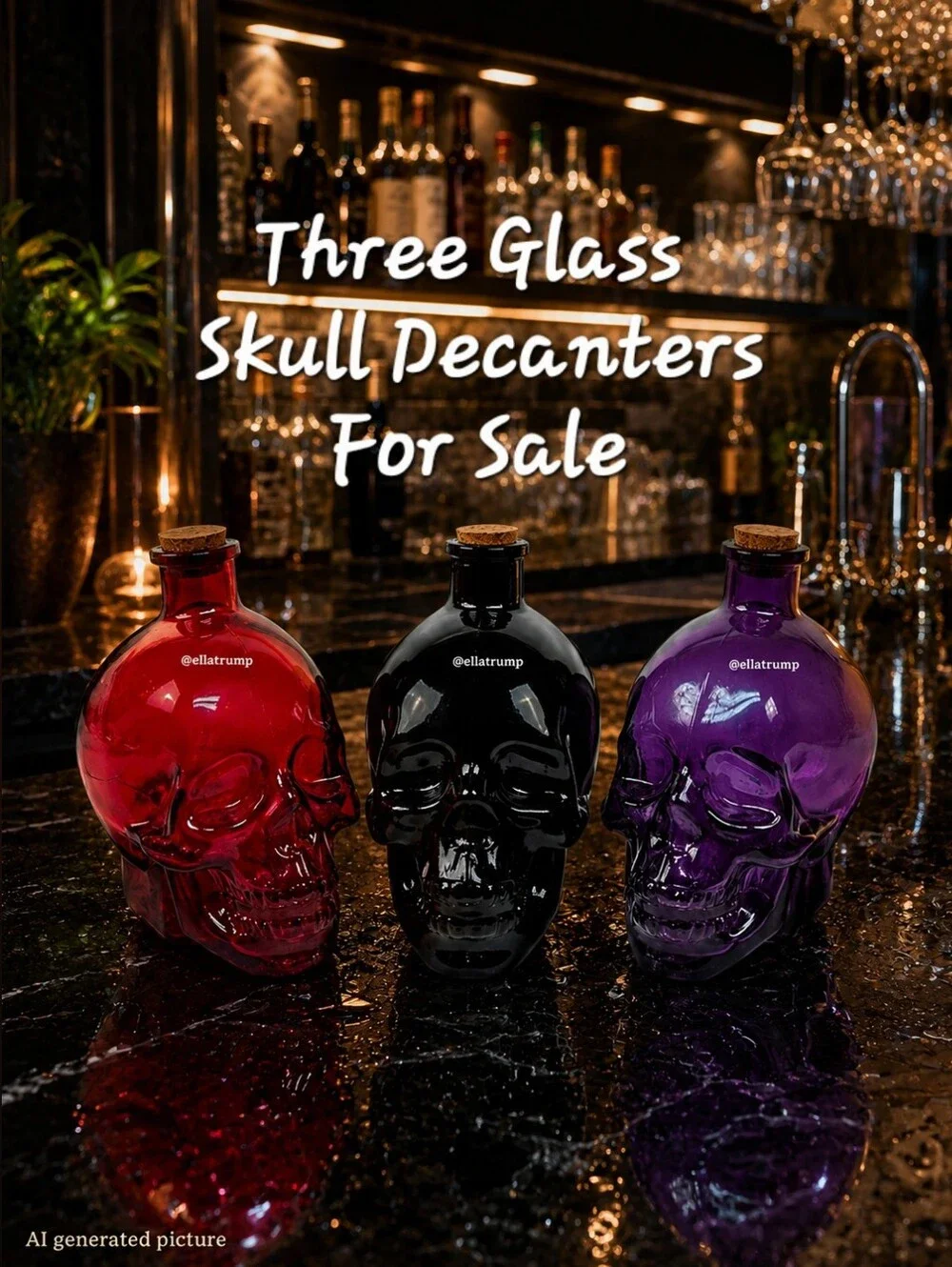 Glass Skull Bottle Apothecary Jar Vodka Decanters Set Of 3